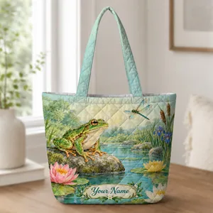 Green Frog And Dragonfly Pond Garden Gift For Nature Lovers Quilted Tote Bag