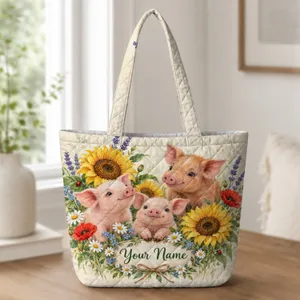 Three Pink Piglets Among Sunflowers for Garden Lovers and Birthday Gifting Quilted Tote Bag