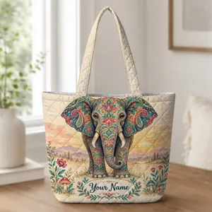 Ornate Elephant Among Wildflowers for Bohemian Summer Celebrations and Nature Lovers Quilted Tote Bag