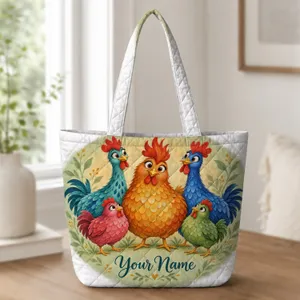Colorful Funny Chicken Hen Gift for Farmhouse Kitchen Days and Backyard Chicken Lovers Quilted Tote Bag