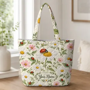 Ladybug Daisy Garden Blooms for Springtime Outings, Gardeners and Nature Lovers Quilted Tote Bag