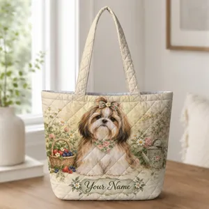 Shih Tzu Garden Portrait for Dog Mom Gifts and Cottagecore Everyday Style Lovers Quilted Tote Bag
