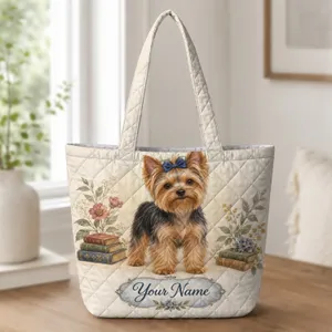 Yorkshire Terrier with Blue Bow for Reading Nooks and Dog Moms, Thoughtful Gift Idea Quilted Tote Bag