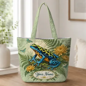 Colorful Poison Dart Frog Botanical Gift For Cottagecore Nature And Amphibian Lovers Quilted Tote Bag