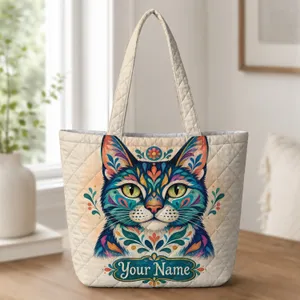 Colorful Folk Art Cat Face for Cozy Cat Lover Gifts and Everyday Errands Quilted Tote Bag
