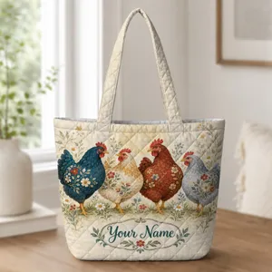 Farmhouse Hens with Wildflowers for Country Living, Garden Days and Chicken Lovers Quilted Tote Bag