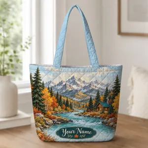 Mountain Cabin River Landscape for Rustic Autumn Escapes and Nature Lovers Quilted Tote Bag