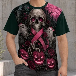 Gothic Skull, Pink Ribbon, Rose and Pumpkin Halloween Tribute for Spooky Season Fans All-over Print Unisex T-shirt