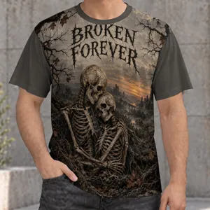Embracing Skeleton Couple in Ruined Woods for Gothic Halloween Nights and Home Wear All-over Print Unisex T-shirt
