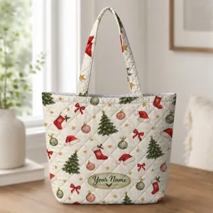 Christmas Tree and Santa Hat Motifs for Cozy Winter Holiday Celebrations at Home Quilted Tote Bag