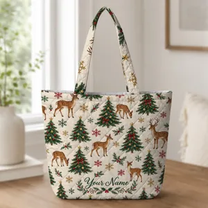 Christmas Trees and Woodland Deer for Cozy Holiday Celebrations and Festive Winter Style Quilted Tote Bag
