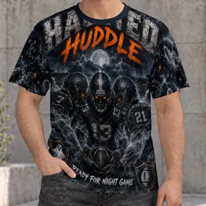 Haunted Football Huddle with Ghostly Players for Halloween Game Night Fans All-over Print Unisex T-shirt