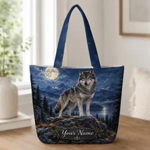 Moonlit Gray Wolf and Mountain Forest for Nature Lovers and Cozy Nights Quilted Tote Bag