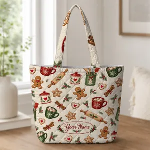Gingerbread Cocoa Baking Motifs for Cozy Christmas Kitchen Cheer for Holiday Bakers Quilted Tote Bag
