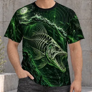 Neon Green Fish Skeleton Moonlit Fishing Scene for Night Anglers and Outdoor Adventures All-over Print Unisex T-shirt