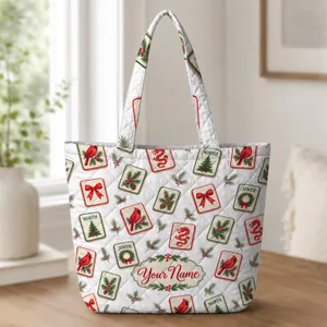 Pink Christmas Mahjong Tiles With Cardinals for Holiday Game Nights and Mahjong Lovers Quilted Tote Bag