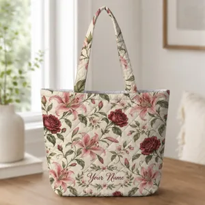 Cream Dusty Rose Floral Vines for Garden Strolls and Market Days, A Thoughtful Gift Quilted Tote Bag