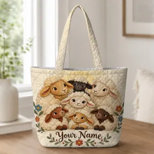 Whimsical Sheep Family Floral Farm Gift for Lamb Lovers and Country Cottage Style Quilted Tote Bag