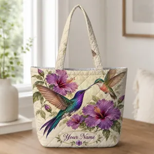 Purple Hibiscus Hummingbirds for Garden Lovers and Nature-Inspired Gifting Quilted Tote Bag