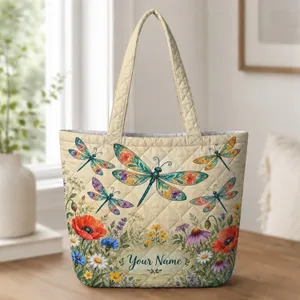 Colorful Dragonfly Wildflower Garden for Cottagecore Home Organization and Nature Lovers Quilted Tote Bag