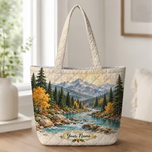 Mountain River Forest Scene for Cabin Getaways and Autumn Nature Lovers Quilted Tote Bag