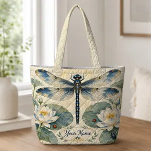 Navy Dragonfly Lotus Garden for Nature Lovers and Birthday Gifts for Women and Moms Quilted Tote Bag