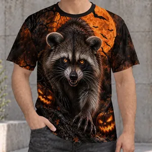 Halloween Raccoon Beneath Full Moon and Castle with Pumpkins for Spooky Night Out All-over Print Unisex T-shirt