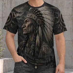 Feather Headdress Elder Portrait for Heritage Appreciation and Nature Respectful Living All-over Print Unisex T-shirt