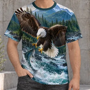 Leaping River Fish Evergreen Forest Mountain River Valley Bald Eagle Grabbing Fish Over River All-over Print Unisex T-shirt