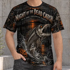 Halloween Skeleton Fish and Moonlit Lake for Spooky Night Fishing Fans All-over Print Unisex T-shirt