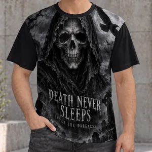 Hooded Skull Reaper and Moonlit Cemetery for Gothic Nights and Dark Everyday Style All-over Print Unisex T-shirt