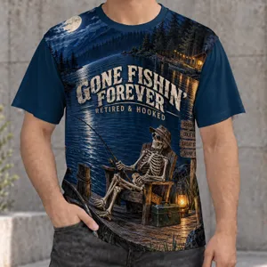 Fishing Skeleton at Moonlit Lake for Retired Anglers and Outdoor Getaways All-over Print Unisex T-shirt