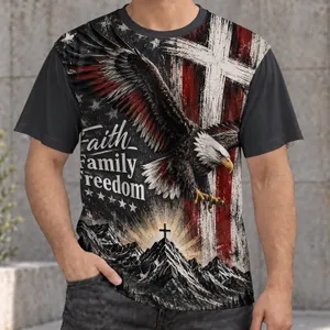 Bald Eagle Flag Cross Mountain Faith Family Freedom Patriotic Weekend Wear for Men All-over Print Unisex T-shirt