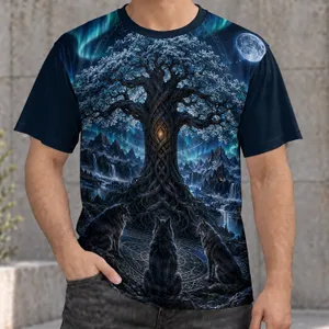 Norse Tree Of Life Wolves Aurora Scene For Mythic Adventure And Nordic Heritage All-over Print Unisex T-shirt