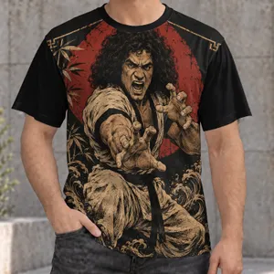 Curly-Haired Martial Artist Portrait for Retro Action Fans and Bold Everyday Style All-over Print Unisex T-shirt