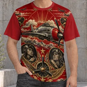 Vintage Red-Tailed Fighter Plane and Aviator Medallions for Everyday Aviation Enthusiasts All-over Print Unisex T-shirt