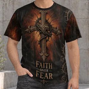 Antique Bronze Cross and Thorn Crown for Faith Over Fear Devotional Wear All-over Print Unisex T-shirt