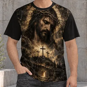 Crowned, Bearded Sacred Portrait with Three Crosses for Church Worship and Faith Gatherings All-over Print Unisex T-shirt