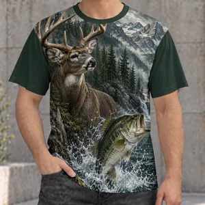 Deer And Bass Wilderness Scene For Fishing And Hunting Adventures All-over Print Unisex T-shirt