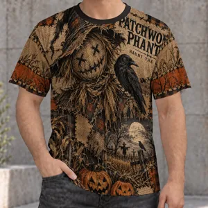 Patchwork Scarecrow Harvest Haunt for Halloween Nights and Cozy Autumn Gatherings All-over Print Unisex T-shirt