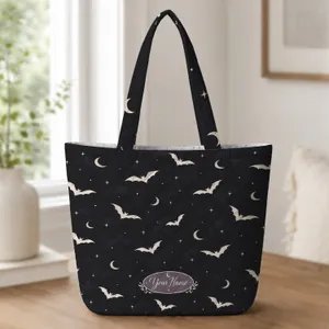 White Bats And Crescent Moons For Halloween Night Out Gifts For Gothic Style Lovers Quilted Tote Bag