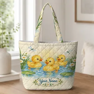 Vintage Ducklings by a Lily Pond for Spring Outings and Picnics with Family Quilted Tote Bag