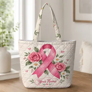 Pink Ribbon Rose and Daisy Art for Breast Cancer Awareness and Warrior Support Quilted Tote Bag