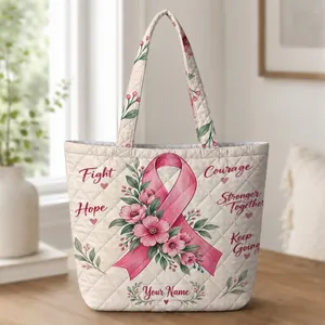 Pink Ribbon Floral Hope and Courage Gift for Breast Cancer Survivor Women Support Quilted Tote Bag