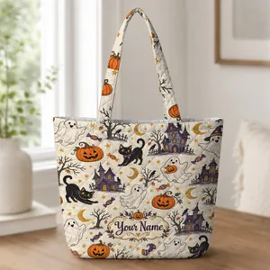 Halloween Ghosts, Pumpkin Cats & Haunted Houses for Spooky Season and Fall Celebrations Quilted Tote Bag