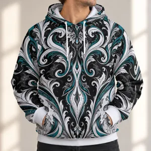 Symmetrical Black White Teal Baroque Scrollwork for Bold Everyday Streetwear All-over Print Hoodie (Lightweight)