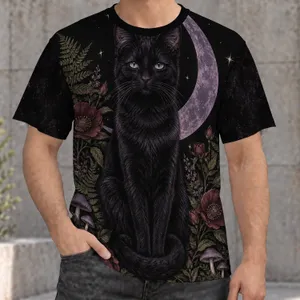 Black Cat with Moonlit Flowers for Gothic Nature Lovers, Cat Fans and Dark Floral Style All-over Print Unisex T-shirt