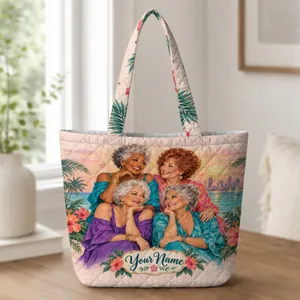 Four Glamorous Silver-Haired Friends Sharing Cocktails for a Tropical Girls' Night Gift Quilted Tote Bag