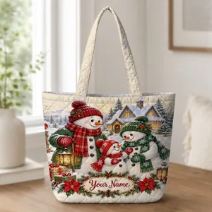 Snowman Family and Christmas Cottage Holiday Cheer for Cozy Winter Gift Giving Season Joy Quilted Tote Bag