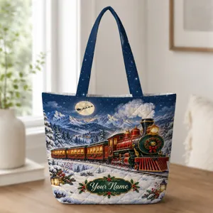 Vintage Christmas Steam Train Under a Moonlit Sky for Festive Winter Celebrations Quilted Tote Bag